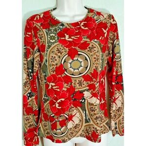 ZN Zinc Red Beige Floral Print Long‎ Sleeve Crew Neck Blouse Size S Small EUC